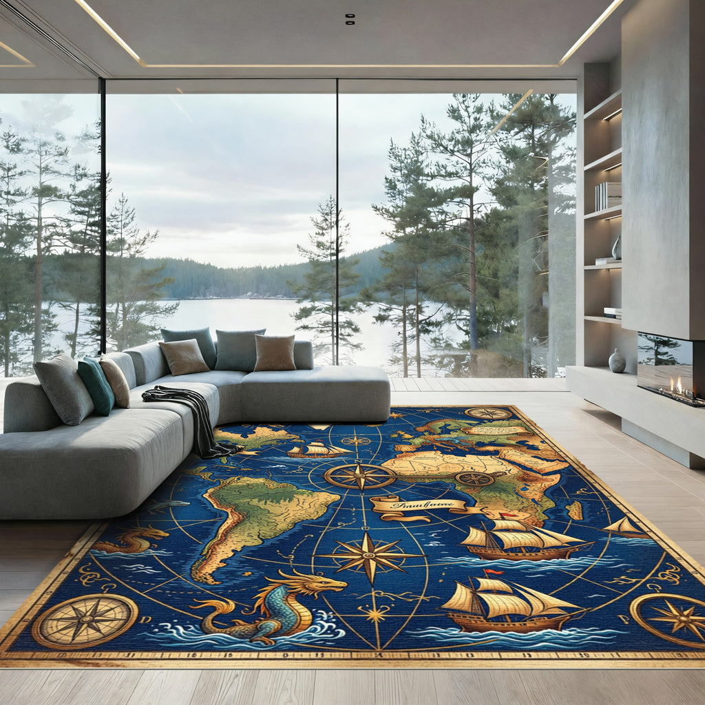 Vintage Nautical Chart Deep Blue Map Rug