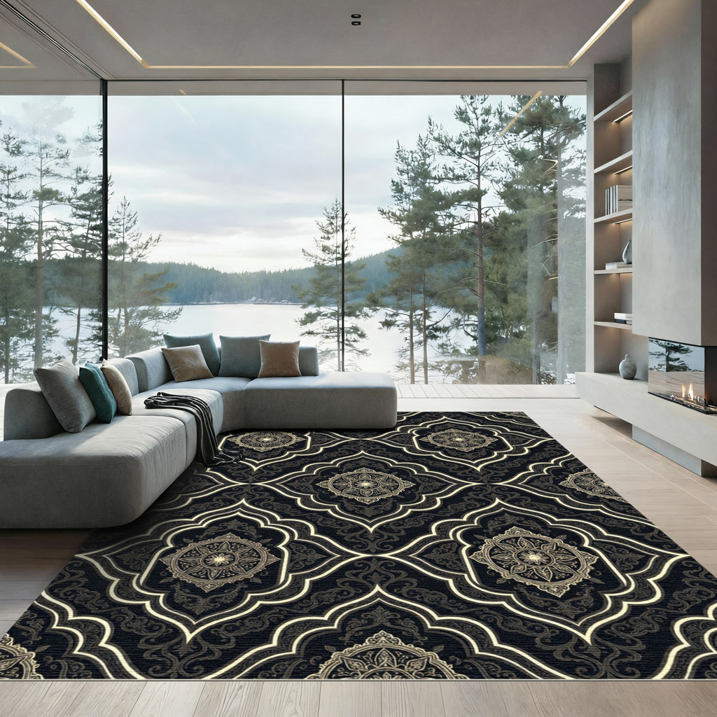 Elaborate Gold Medallion Black Lattice Rug
