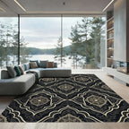 Elaborate Gold Medallion Black Lattice Rug