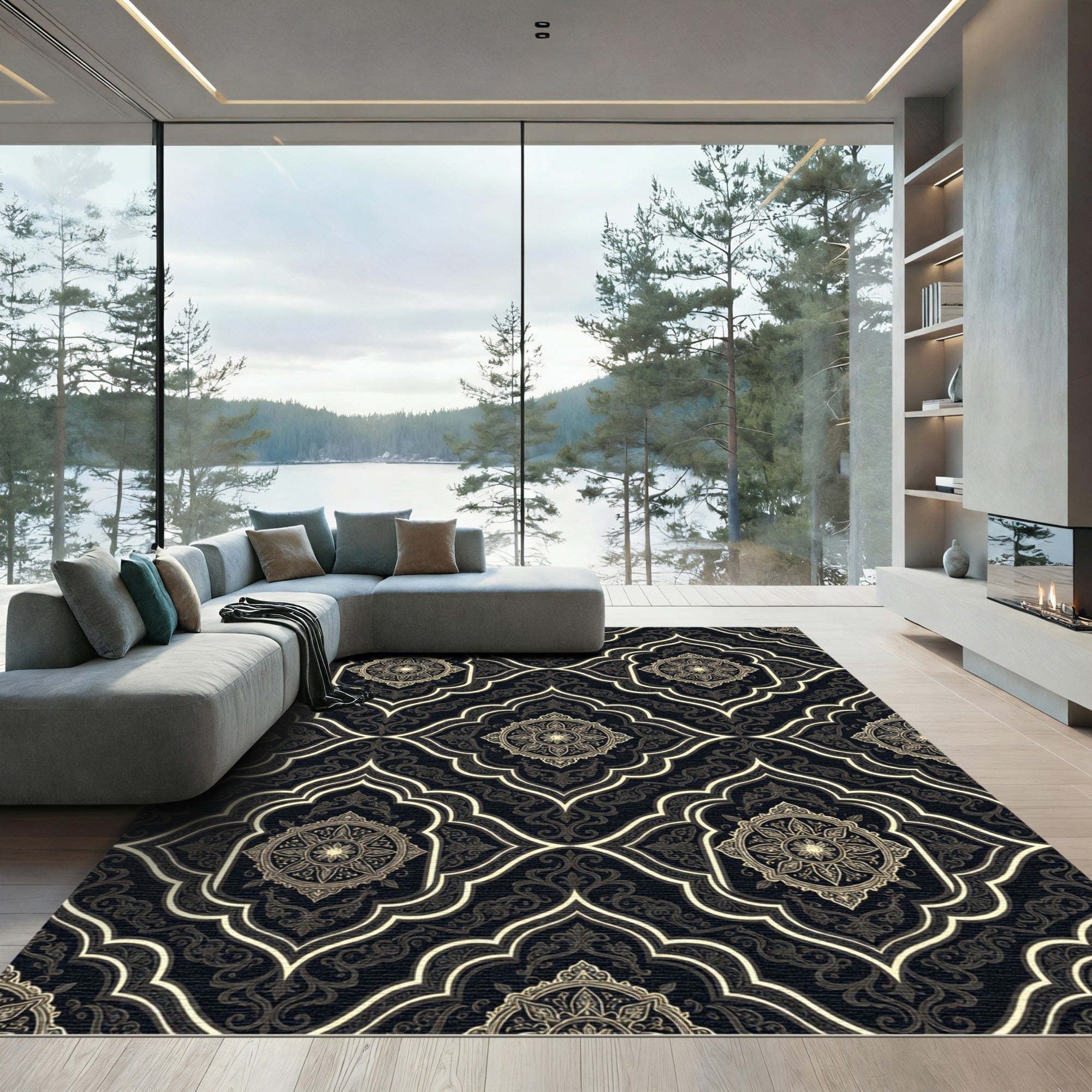 Elaborate Gold Medallion Black Lattice Rug
