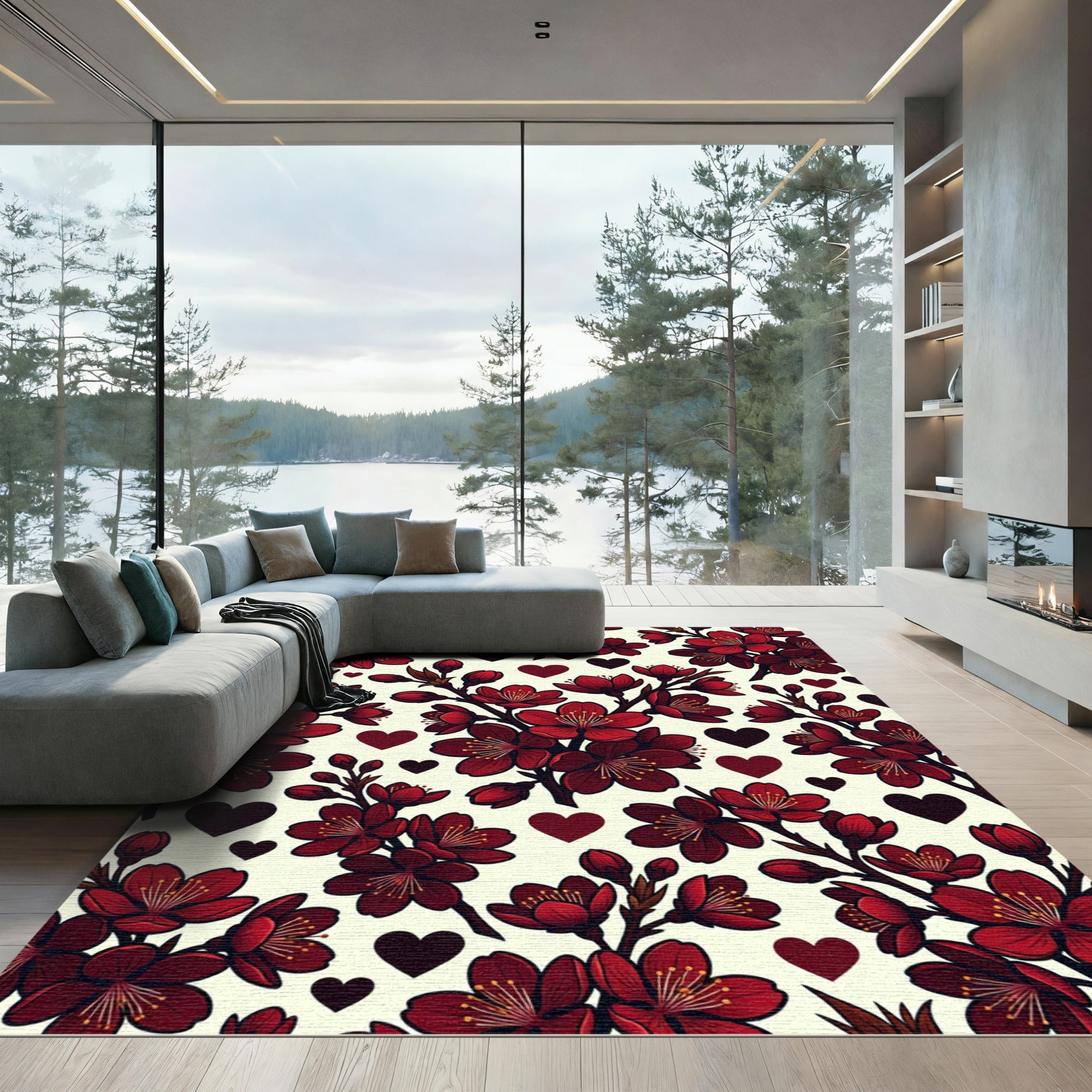 Deep Red Blossom Hearts Pattern Rug