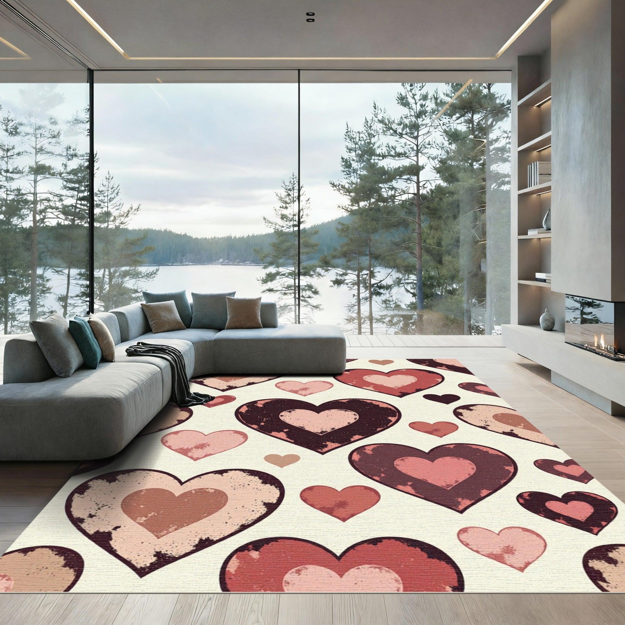 Distressed Romantic Heart Collage Cream Red Rug