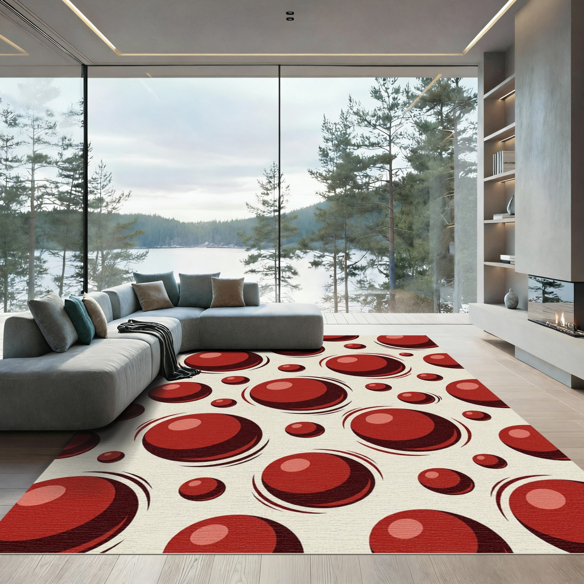 Red Polka Dot Spheres Abstract Rug