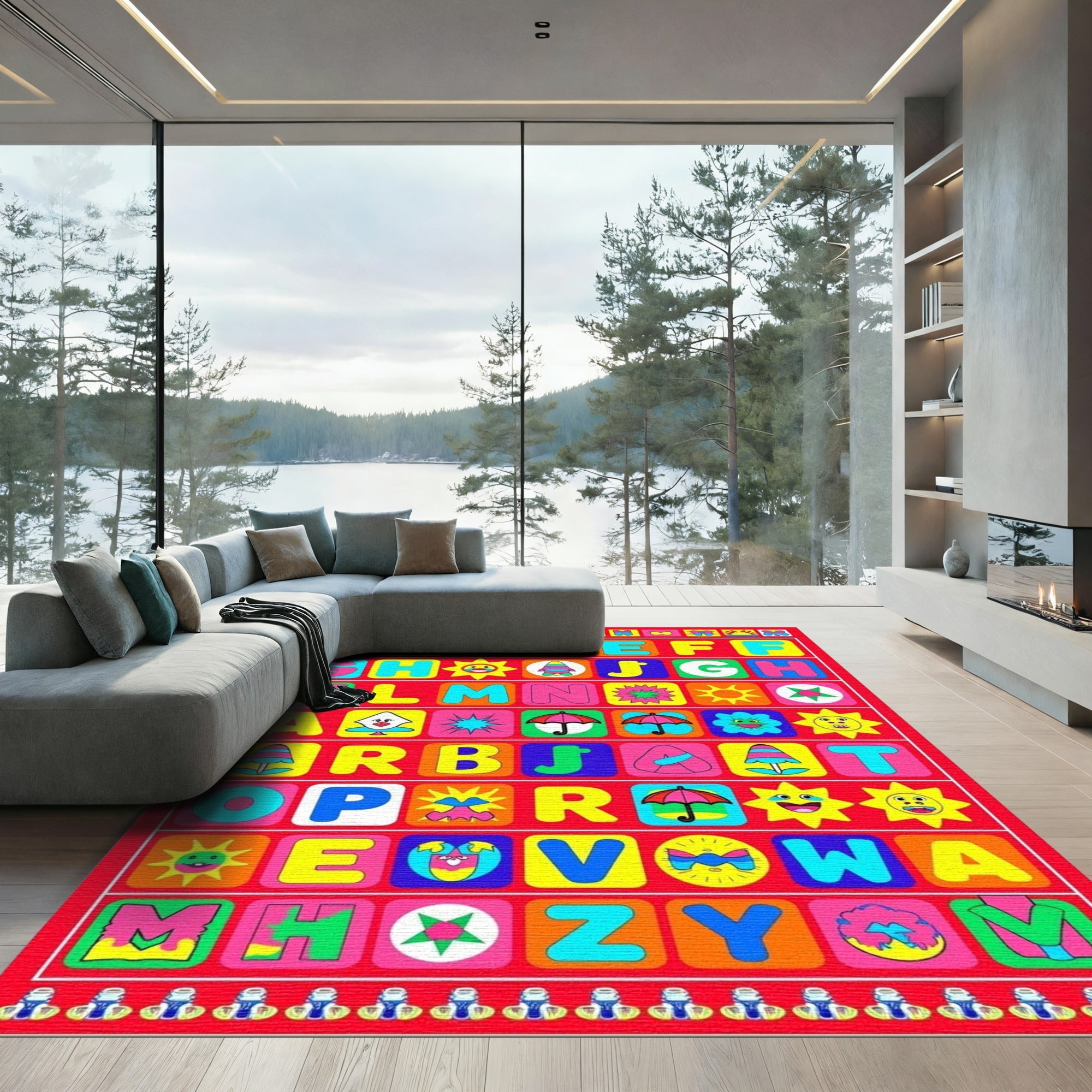 Colorful Alphabet Bordered Squares Rug