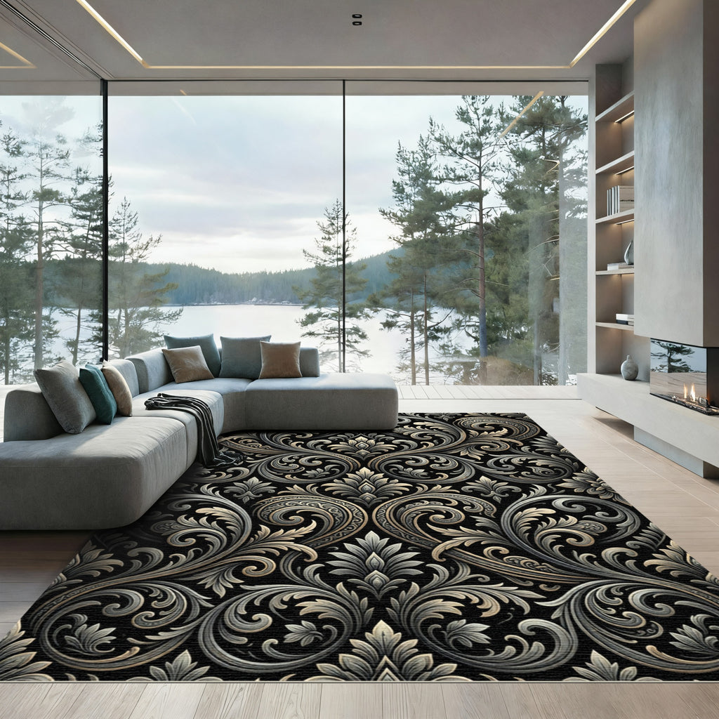 Ornate Black Silver Acanthus Scroll Rug