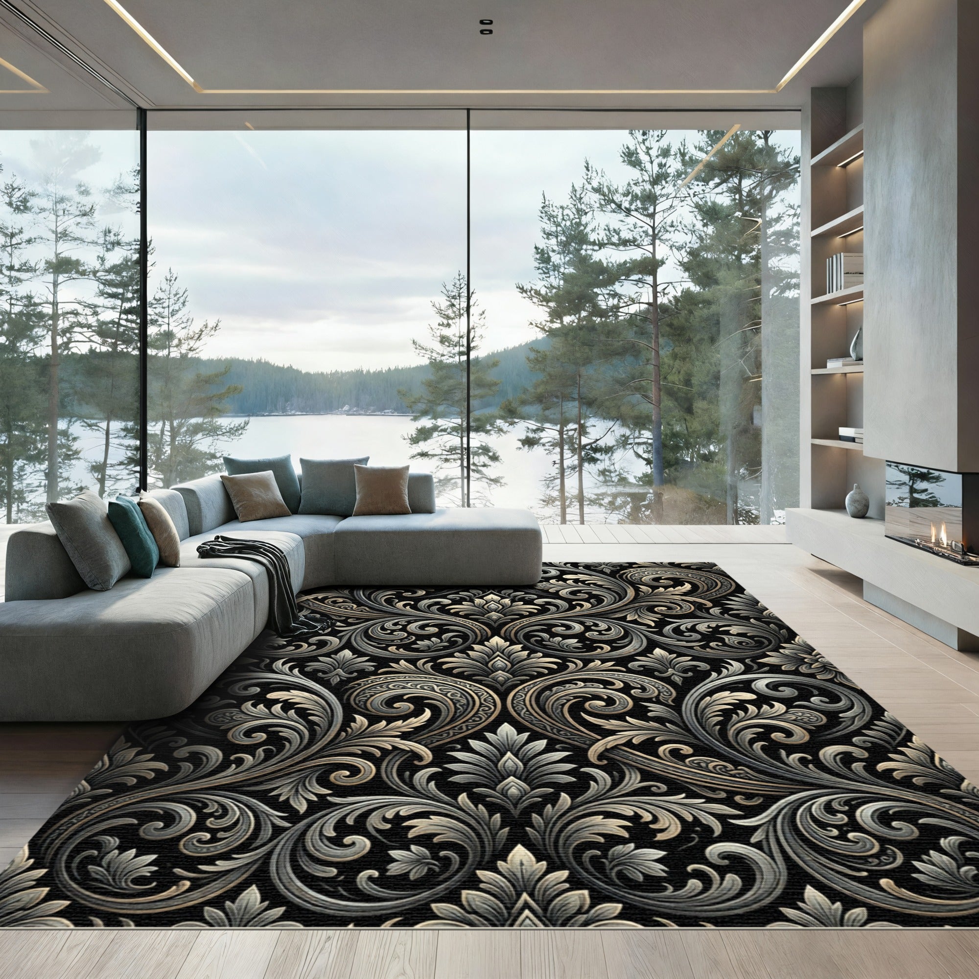 Ornate Black Silver Acanthus Scroll Rug