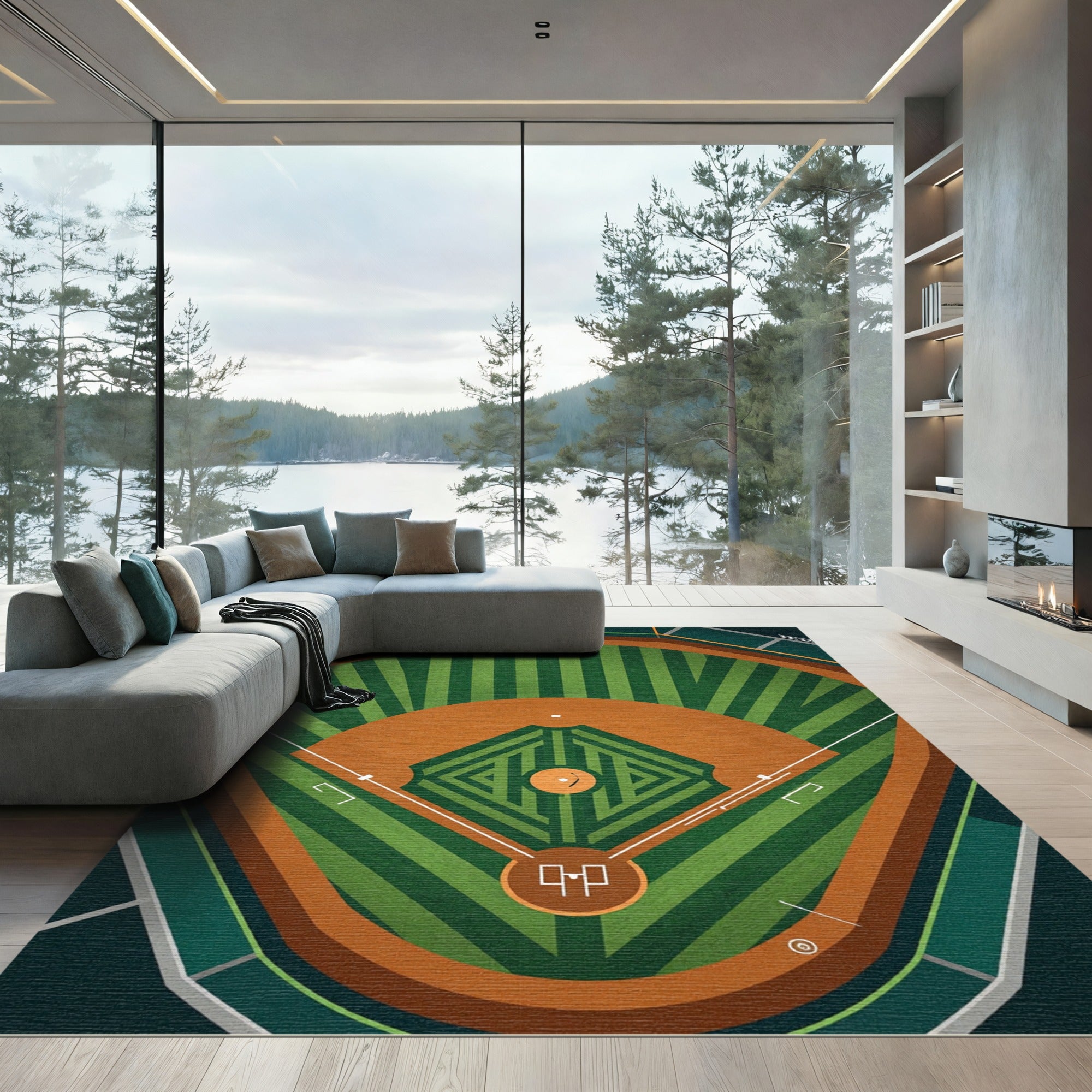Geometric Green Baseball Field Arena Rug