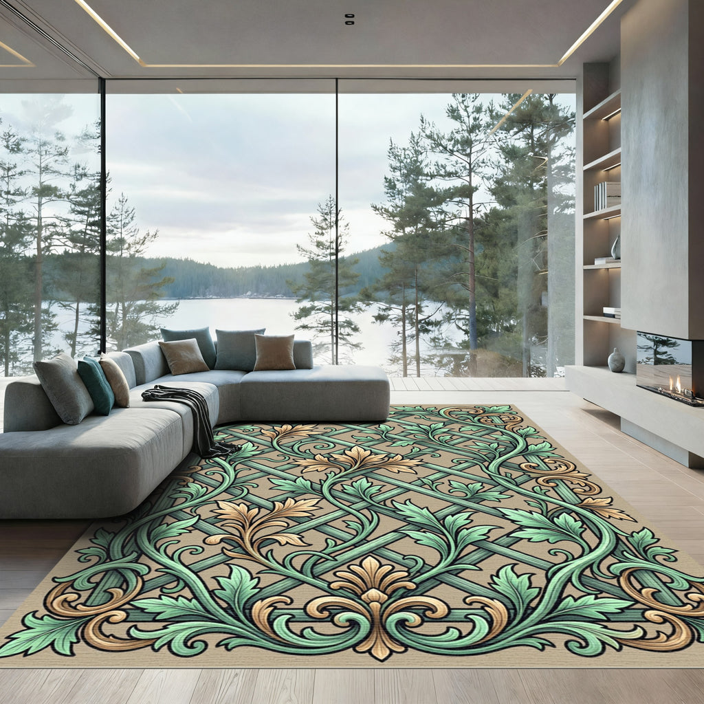 Elegant Sage and Gold Trellis Foliage Rug