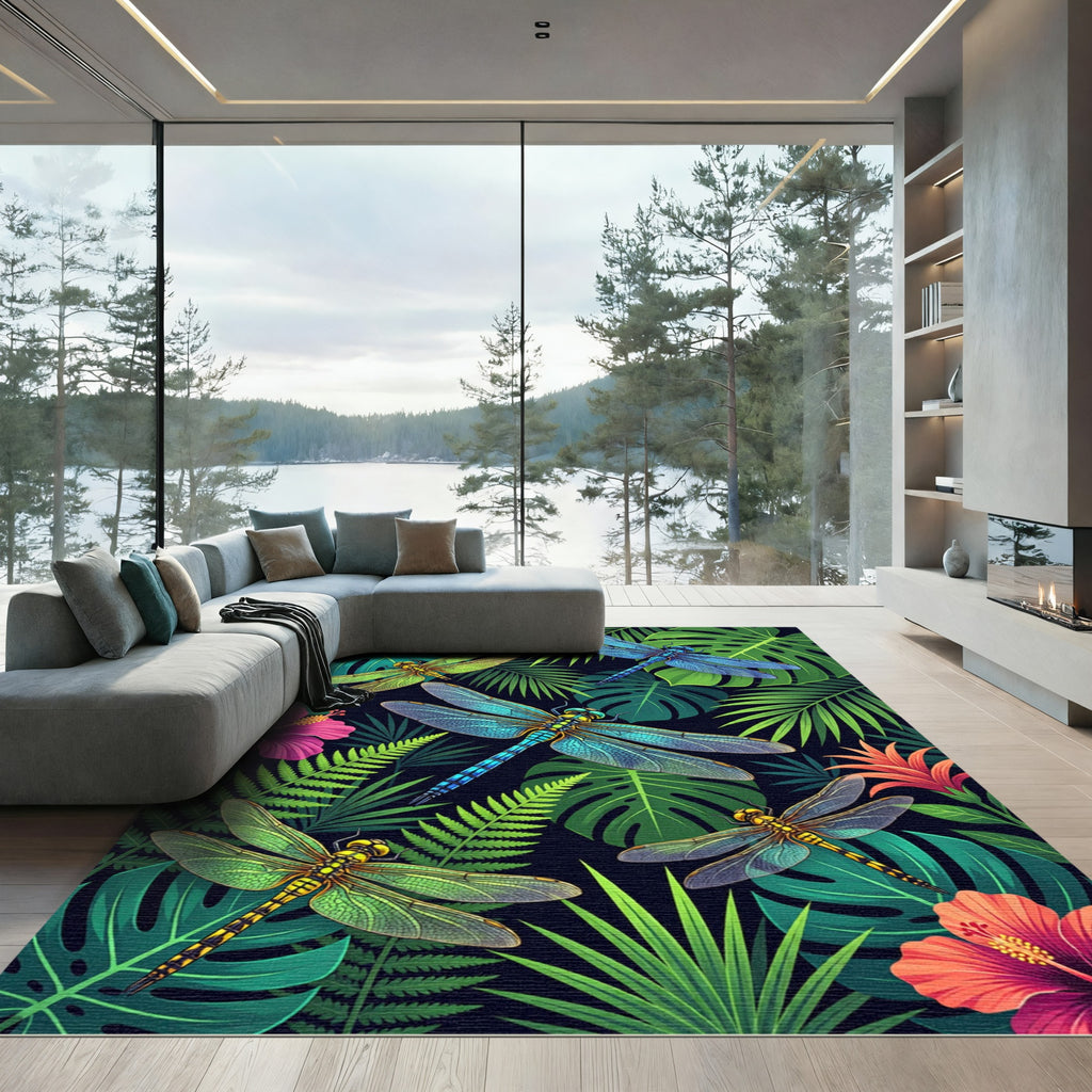 Lush Botanical Dragonfly Tropical Foliage Rug
