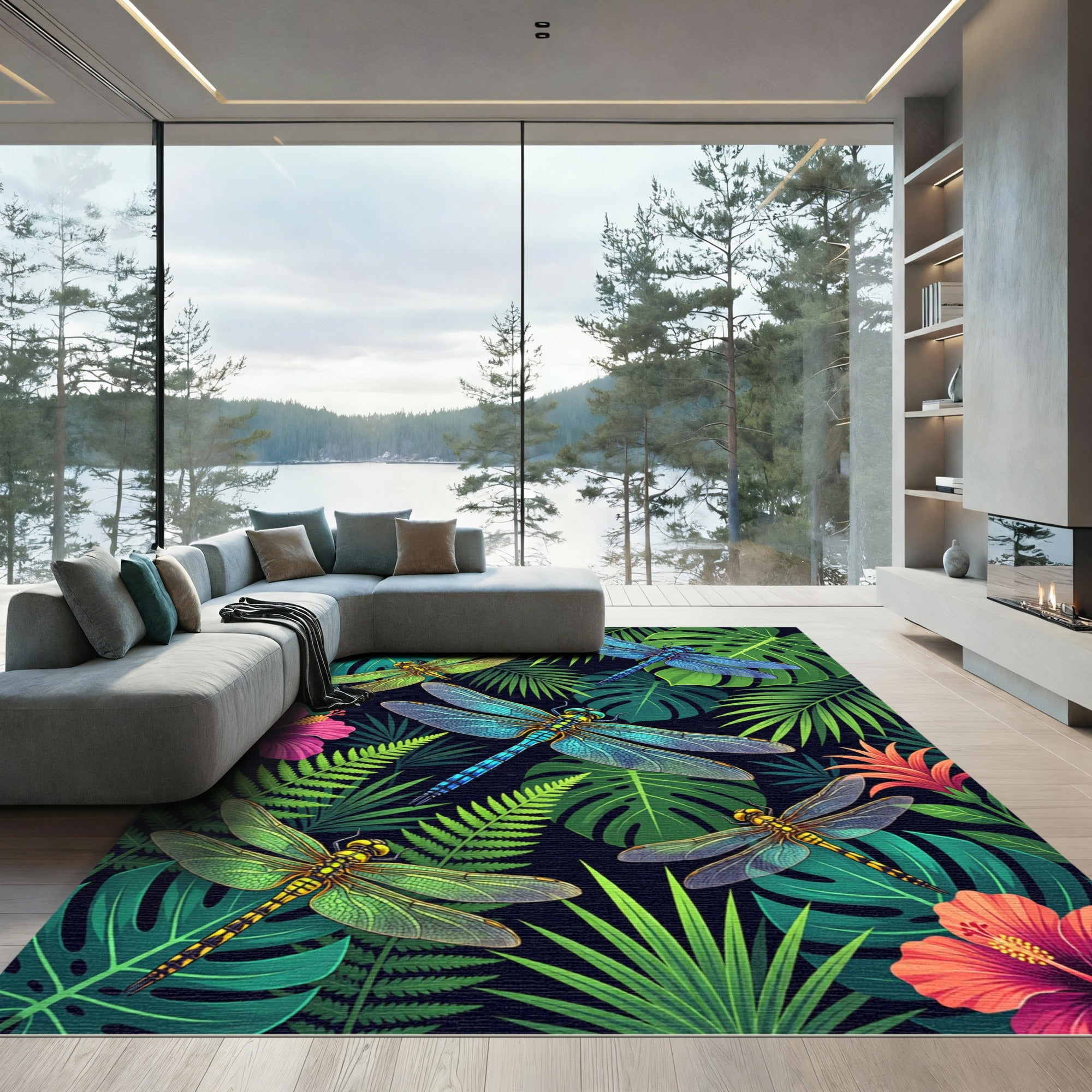 Lush Botanical Dragonfly Tropical Foliage Rug
