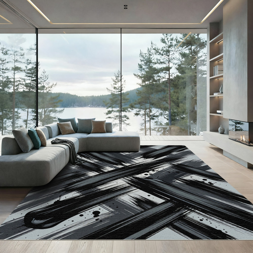 Monochrome Abstract Brush Stroke Rug