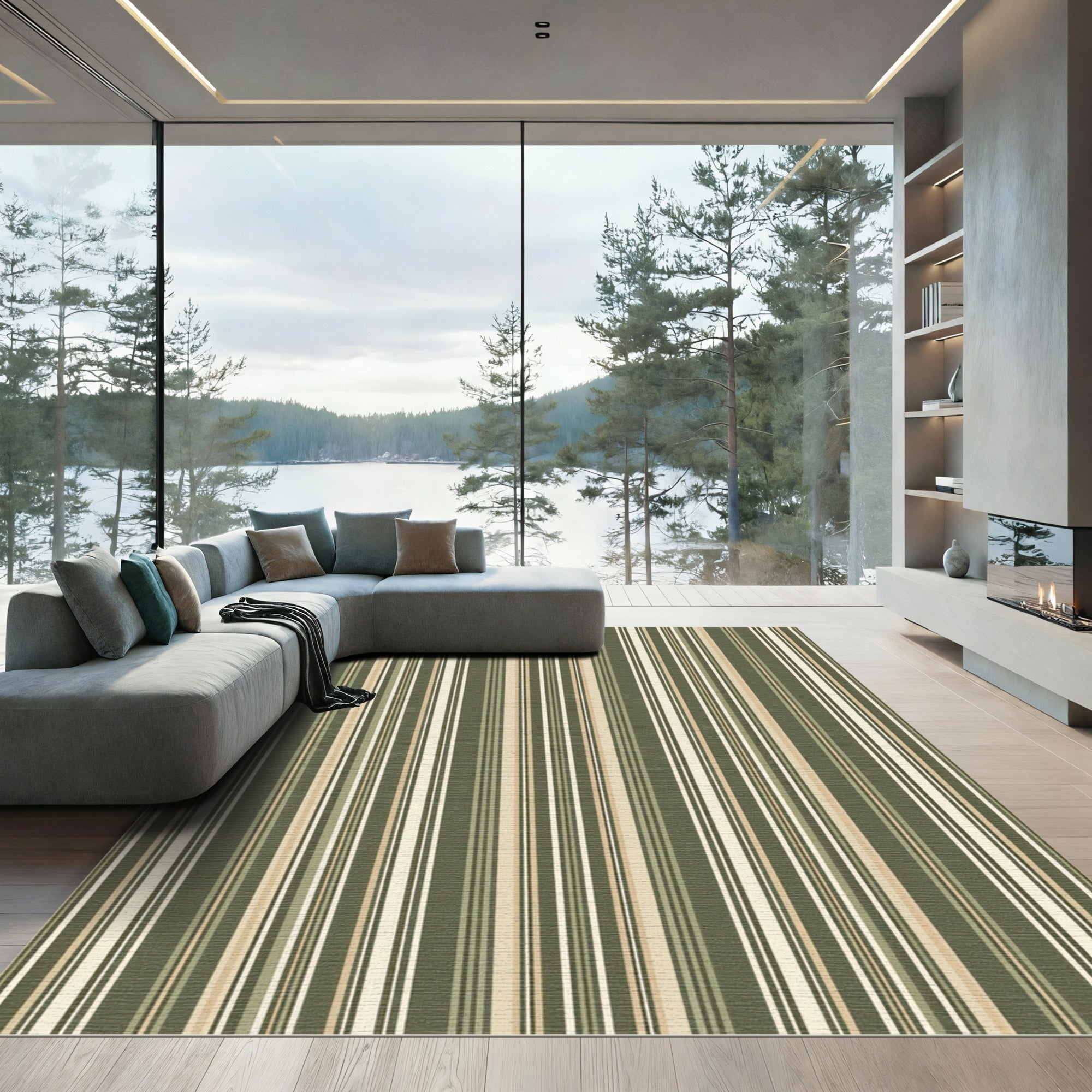 Olive Green Earth Tone Vertical Stripes Rug