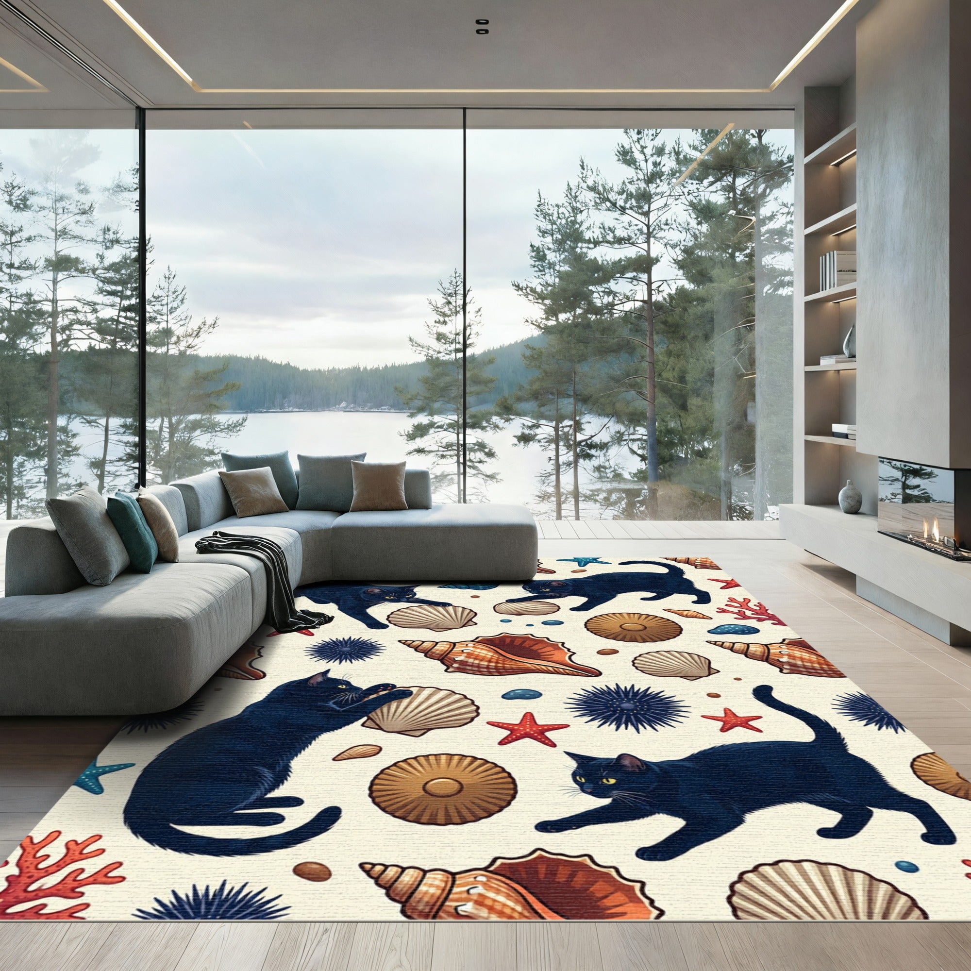 Black Cats Shell Starfish Coral Marine Rug