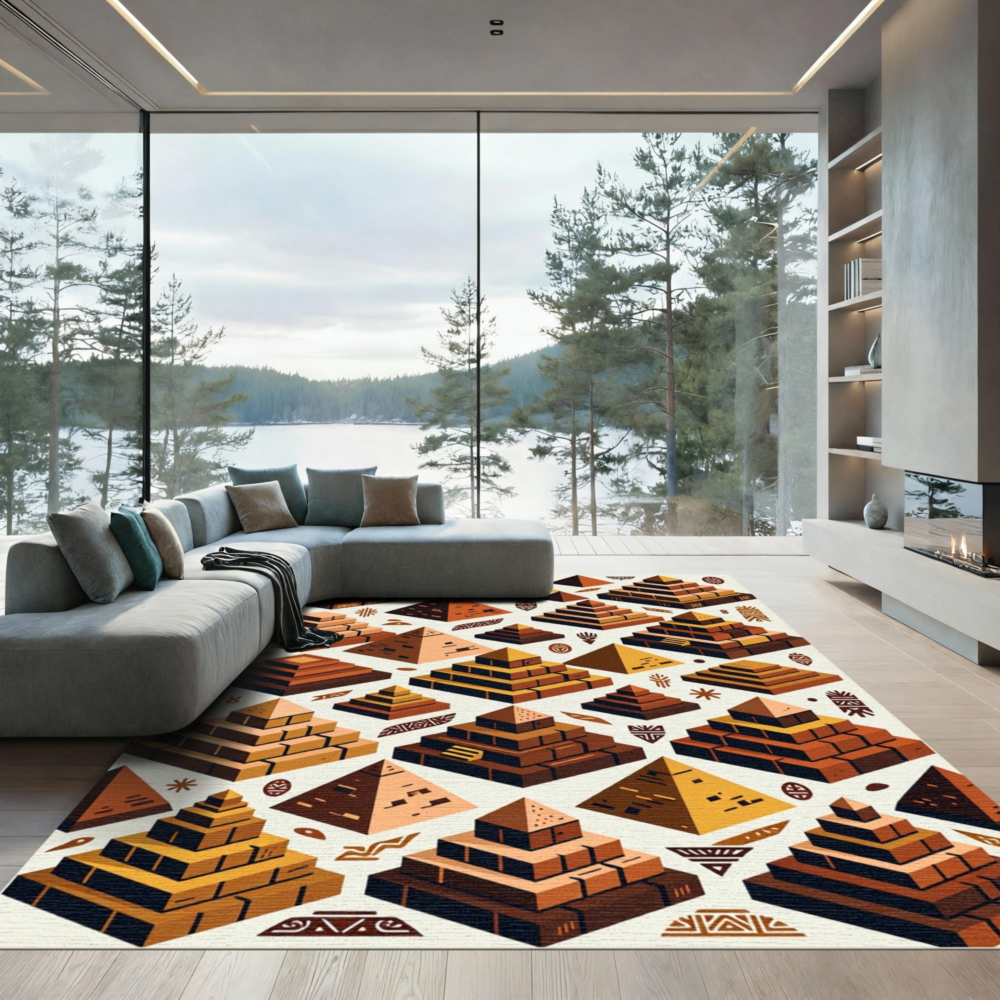 Ancient Earthy Tone Aztec Pyramid Grid Rug