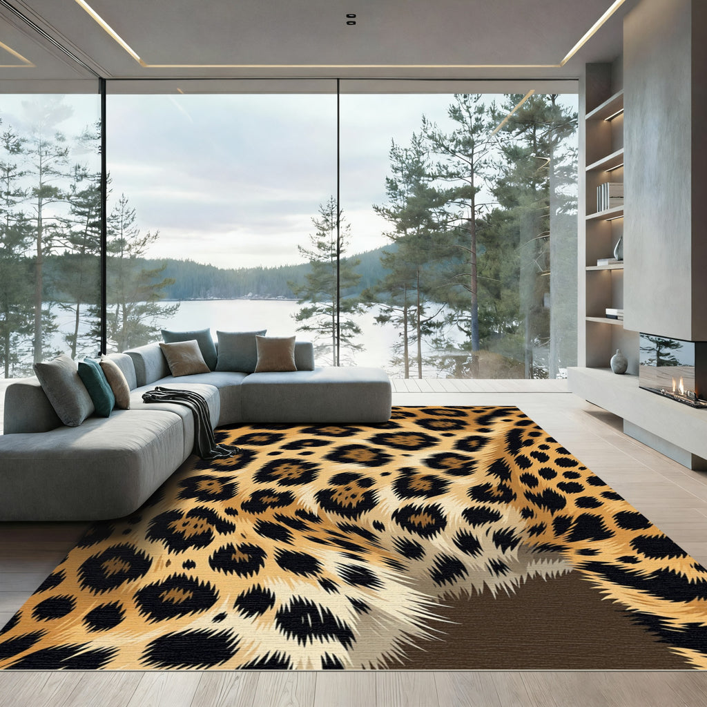 Vibrant Golden Leopard Fur Spotted Area Rug