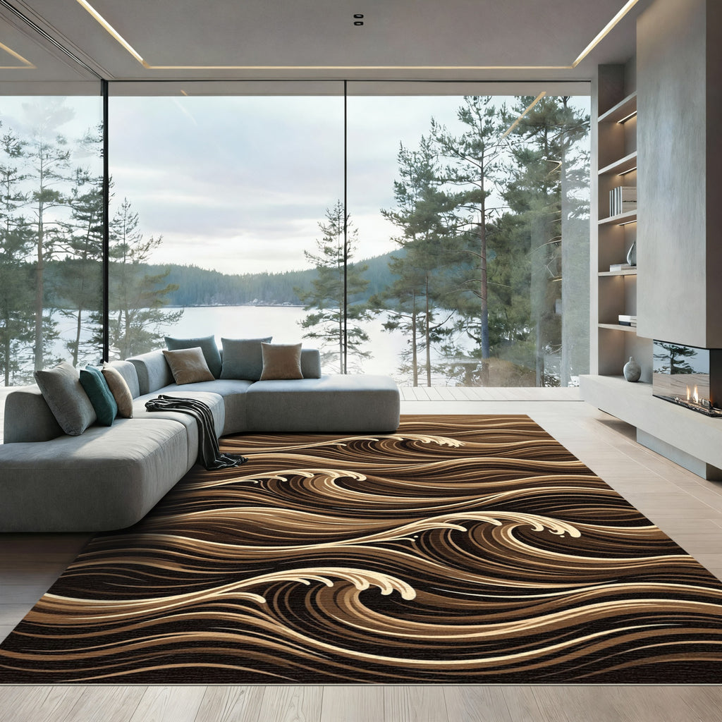 Rich Brown Abstract Flowing Wave Rug