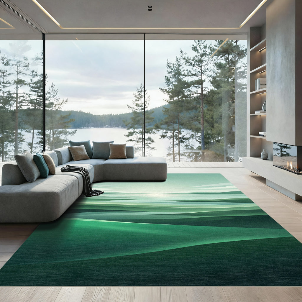 Serene Green Abstract Landscape Waves Rug