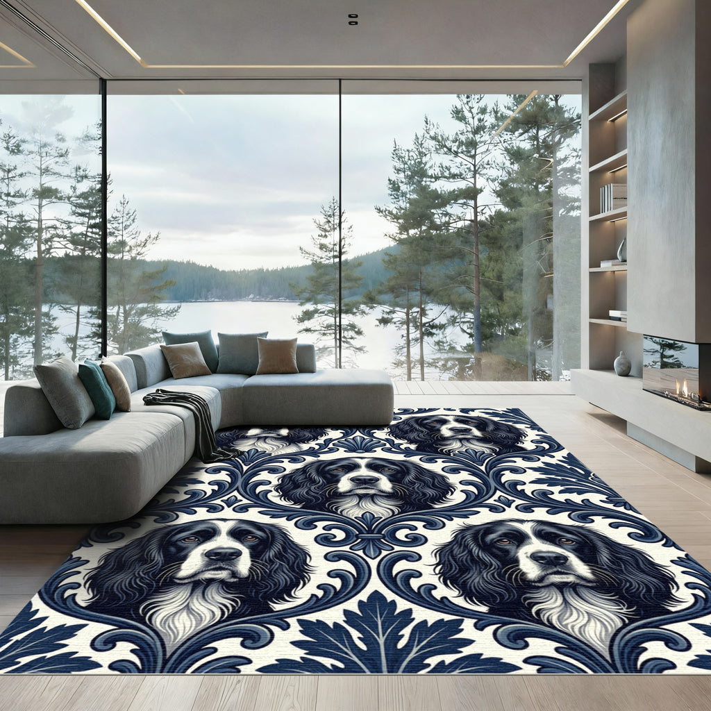 Navy Spaniel Damask Victorian Scroll Rug