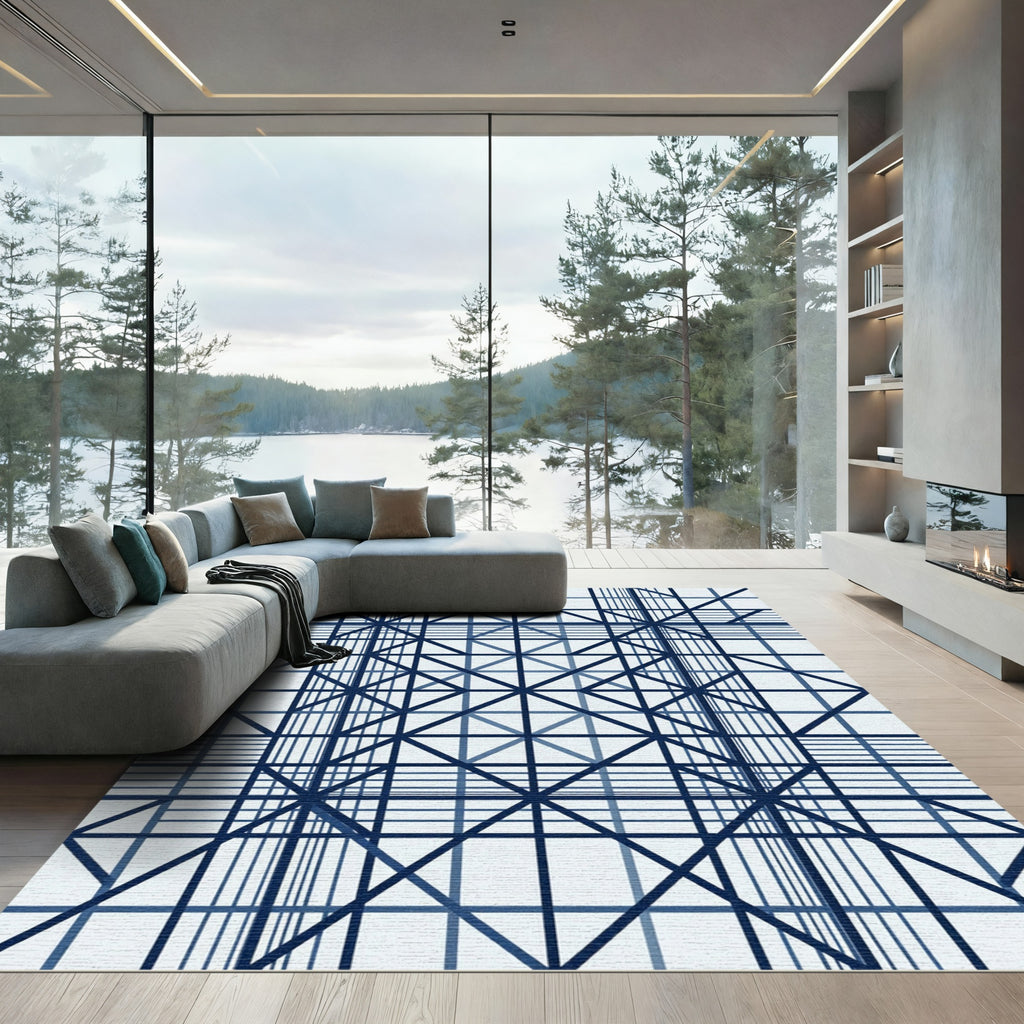 Deep Blue Geometric Grid Composition Rug