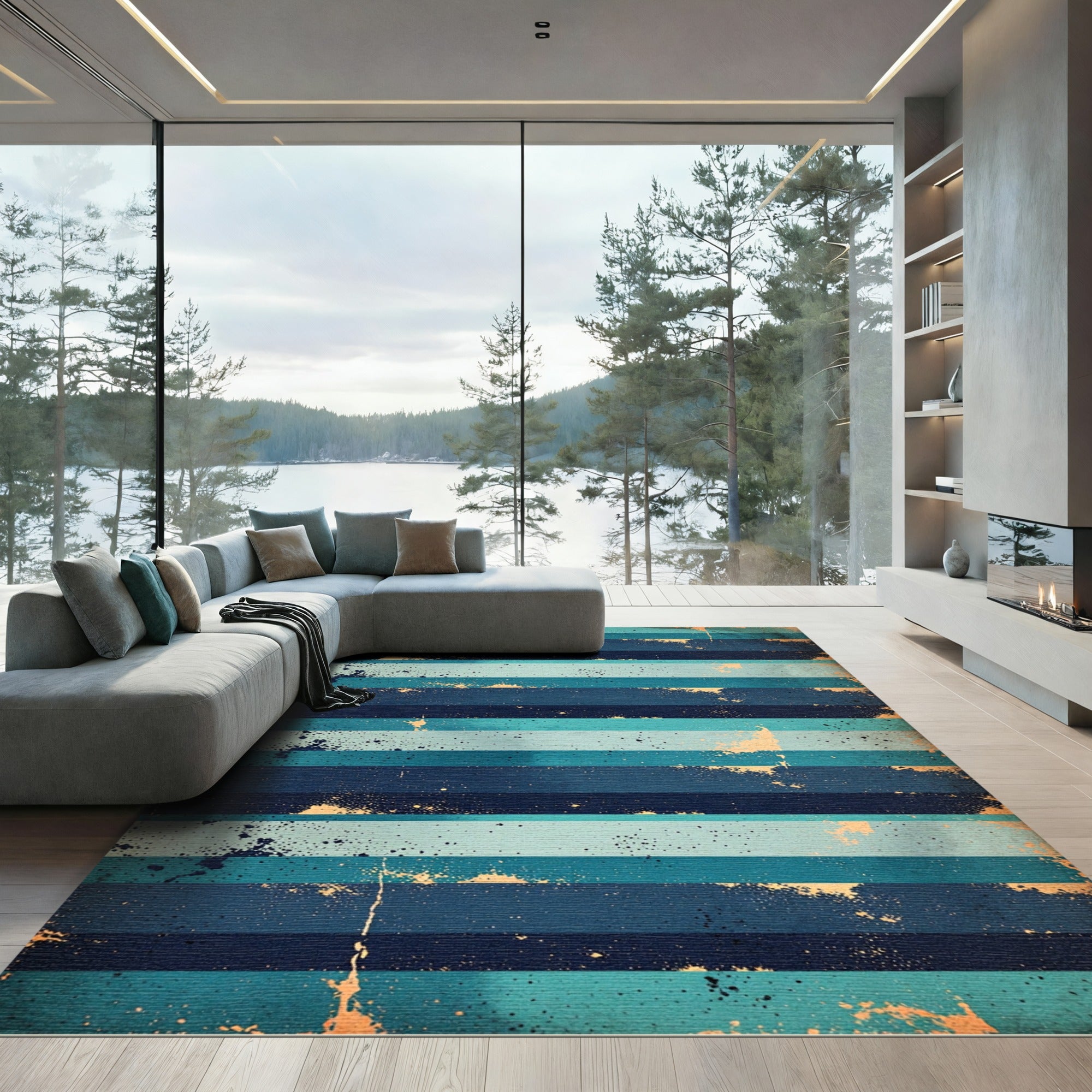 Coastal Blue Splattered Stripe Rug