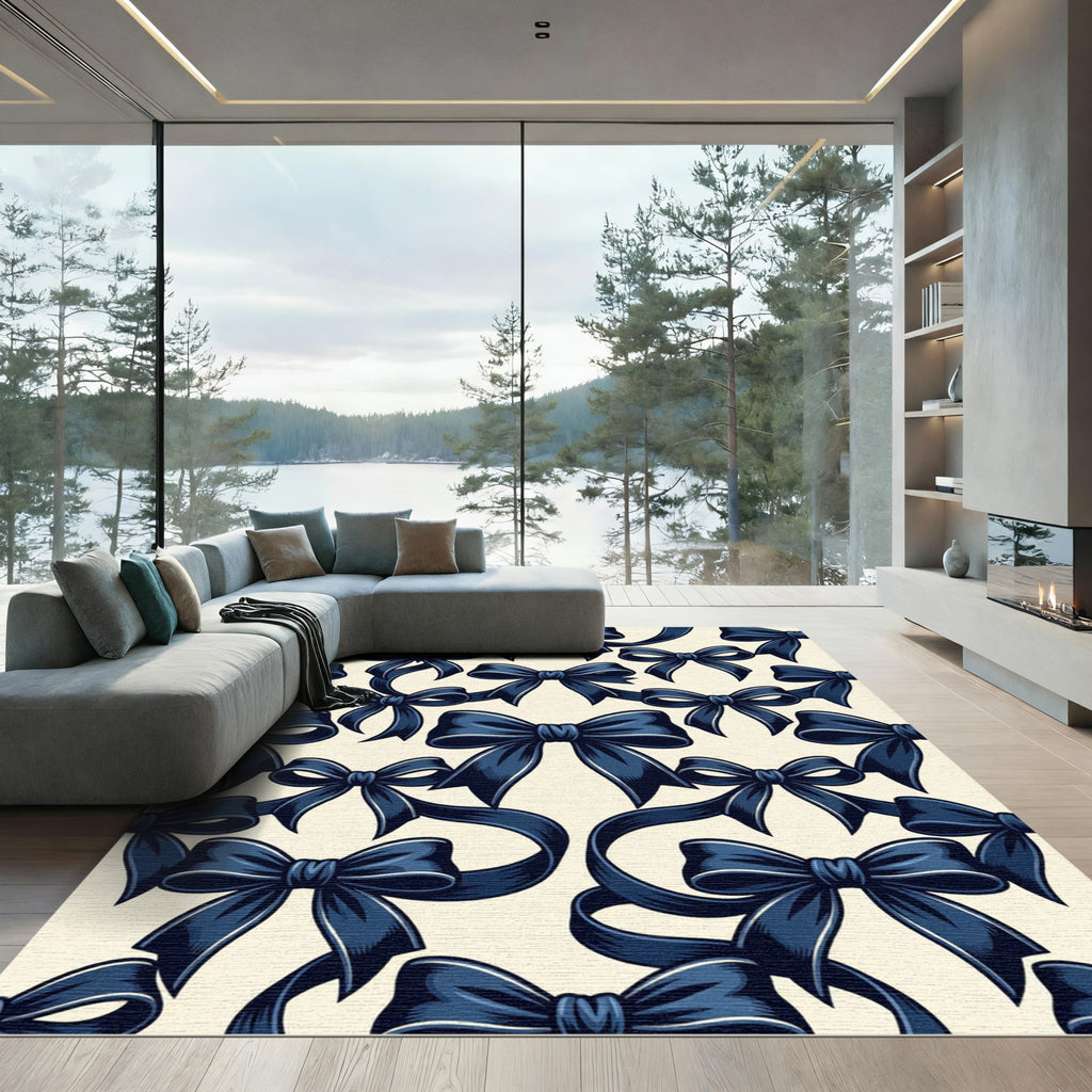 Elegant Navy Bow Ribbon Repeating Illustration Rug
