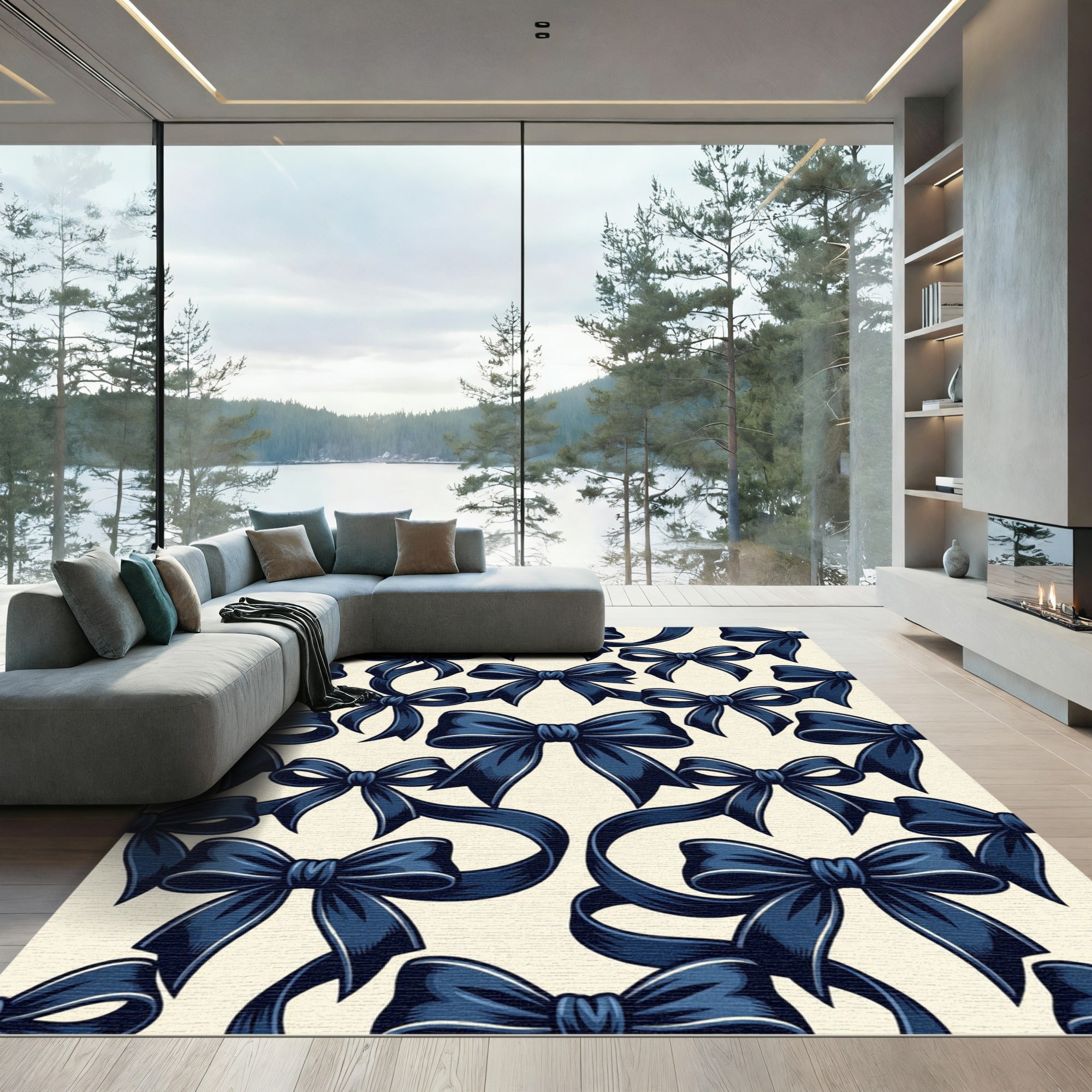 Elegant Navy Bow Ribbon Repeating Illustration Rug