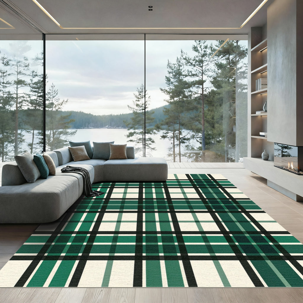 Deep Emerald Plaid Grid Rug