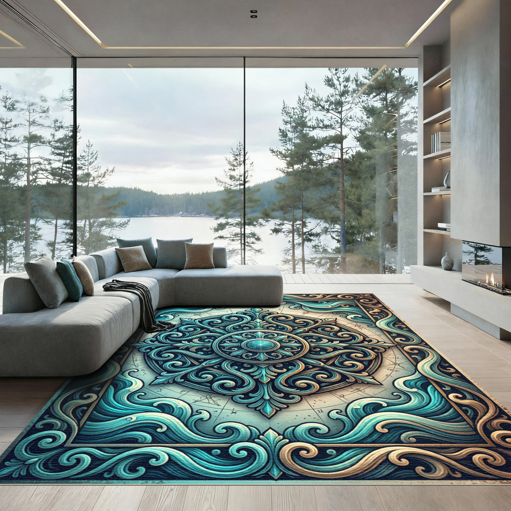 Ornate Teal and Gold Marine Compass Rug