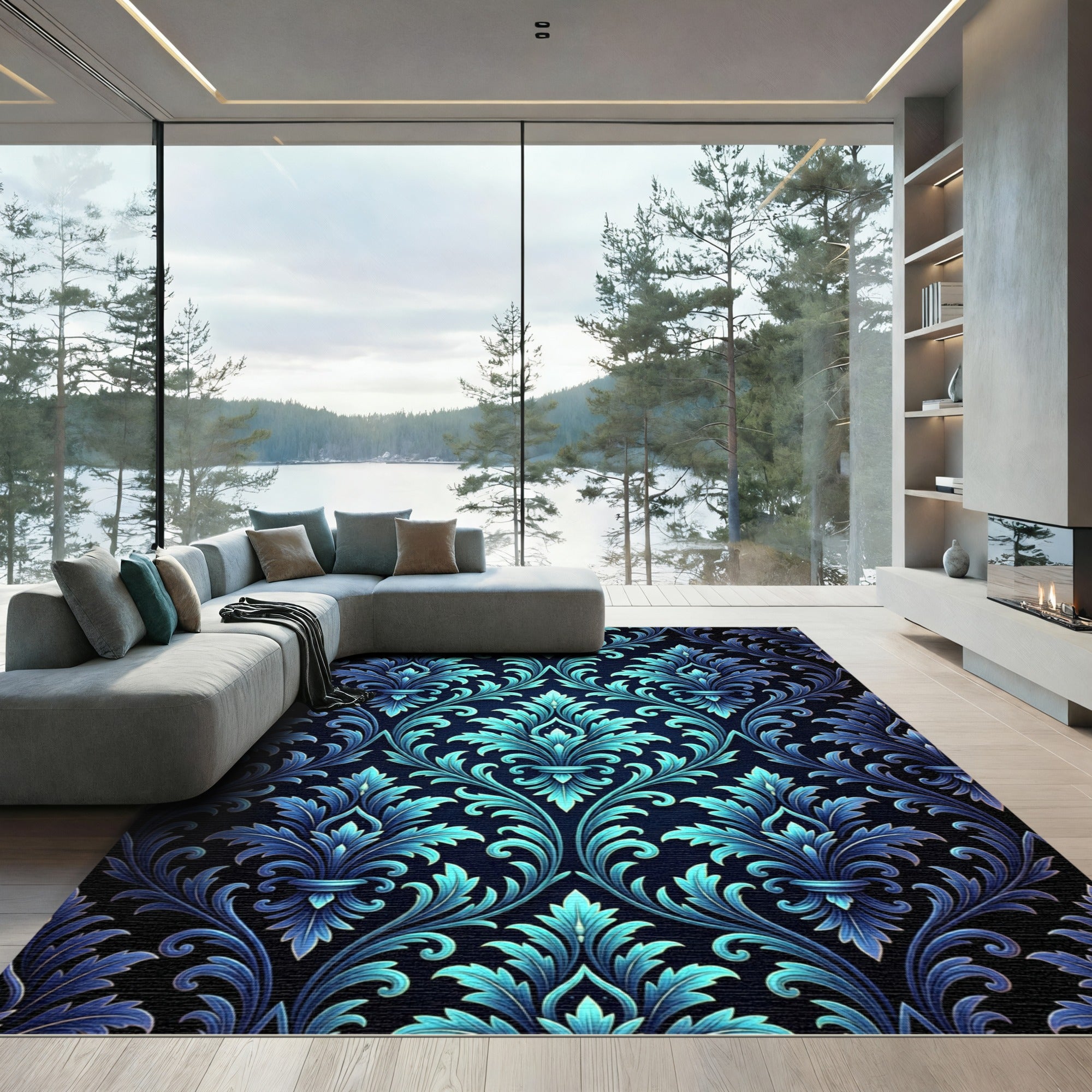 Shimmering Teal Acanthus Scroll Rug