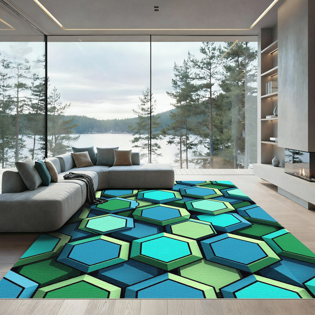 Aqua Sea Green Hexagons Rug