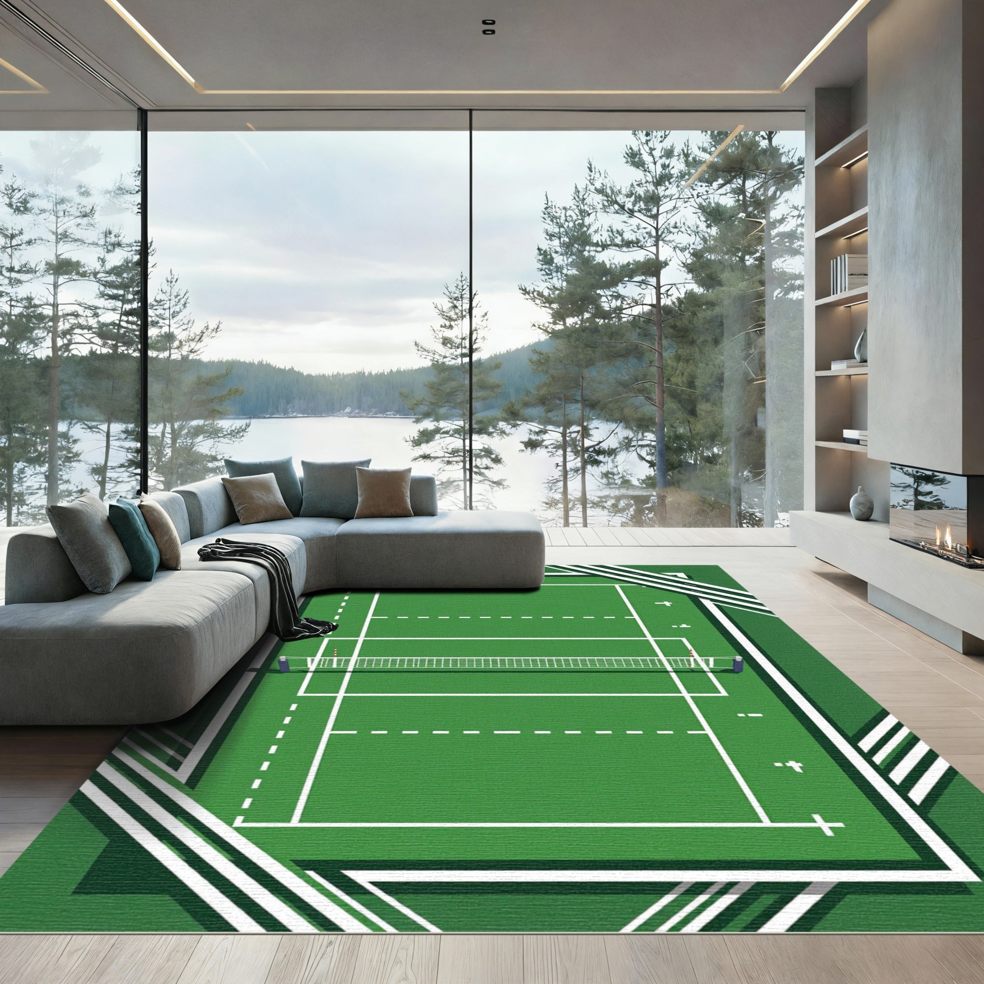 Modern Green Court Lines Abstract Rug