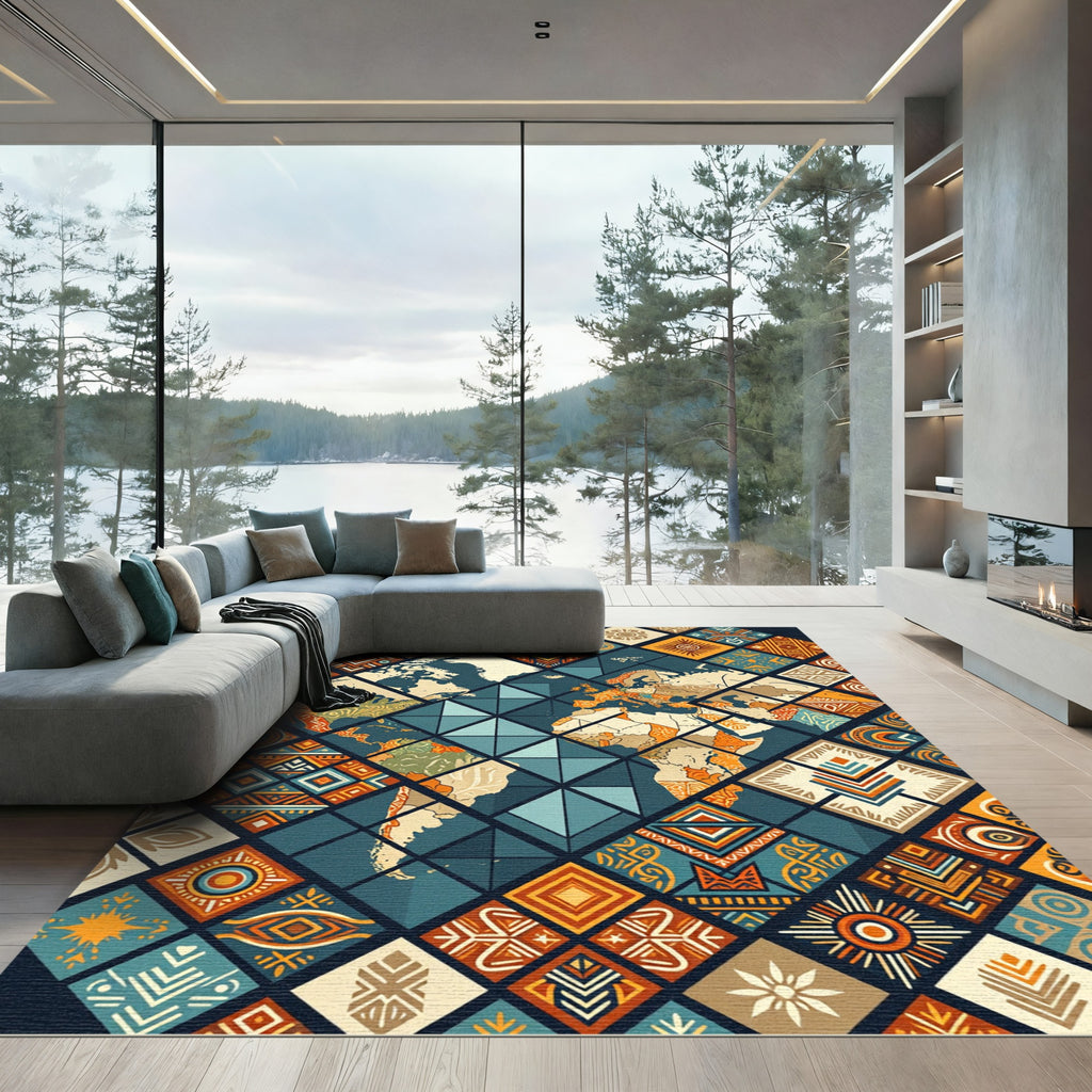World Map Tribal Geometric Patchwork Rug