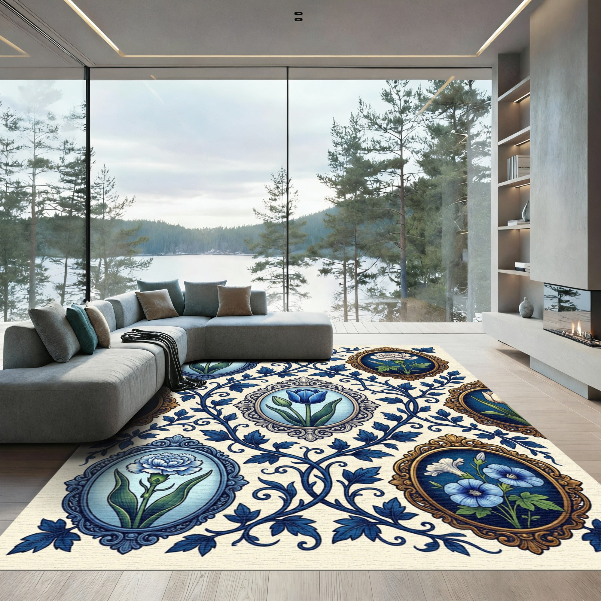 Elegant Blue Floral Cameo Botanical Rug