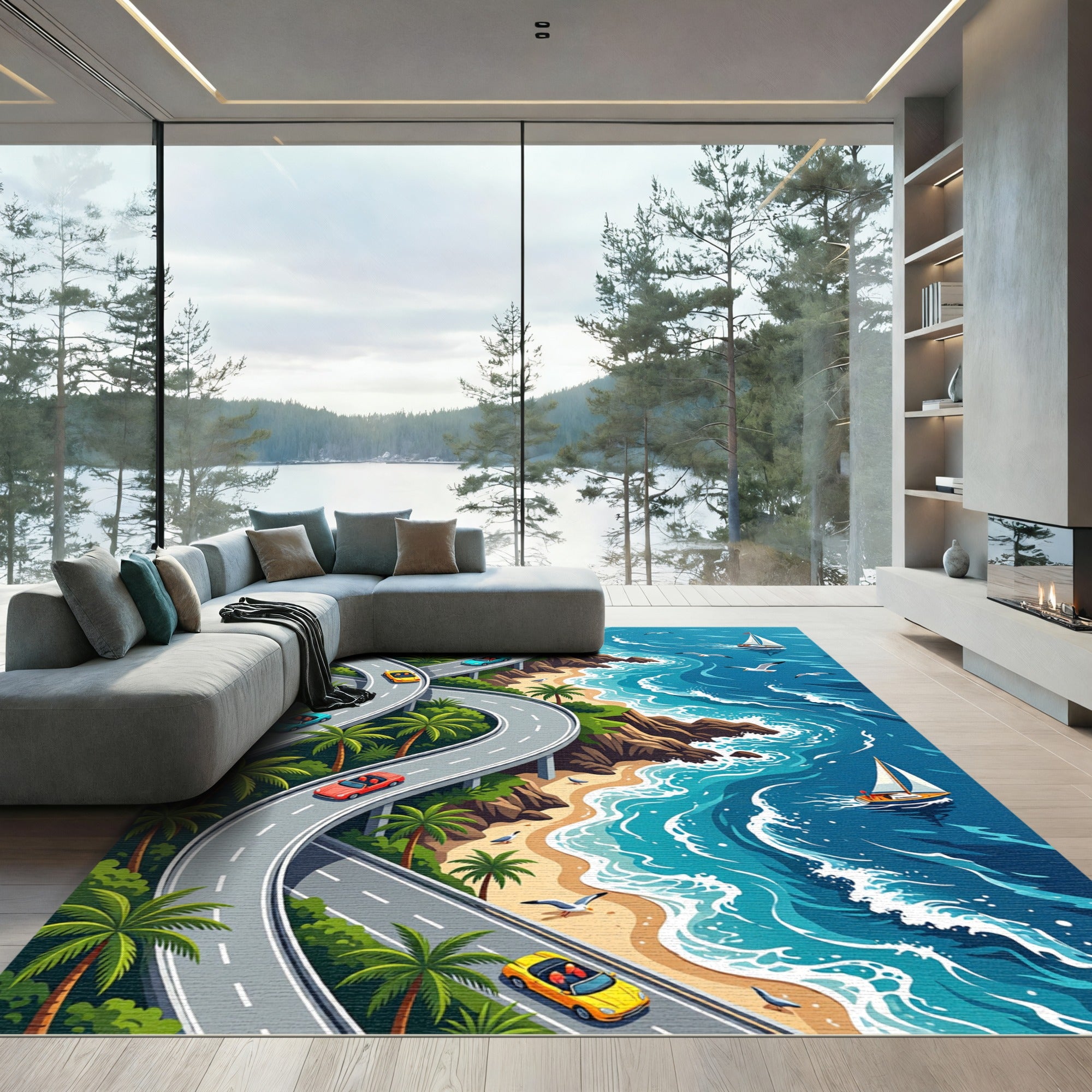 Vibrant Coastal Road Palm Beach View Rug