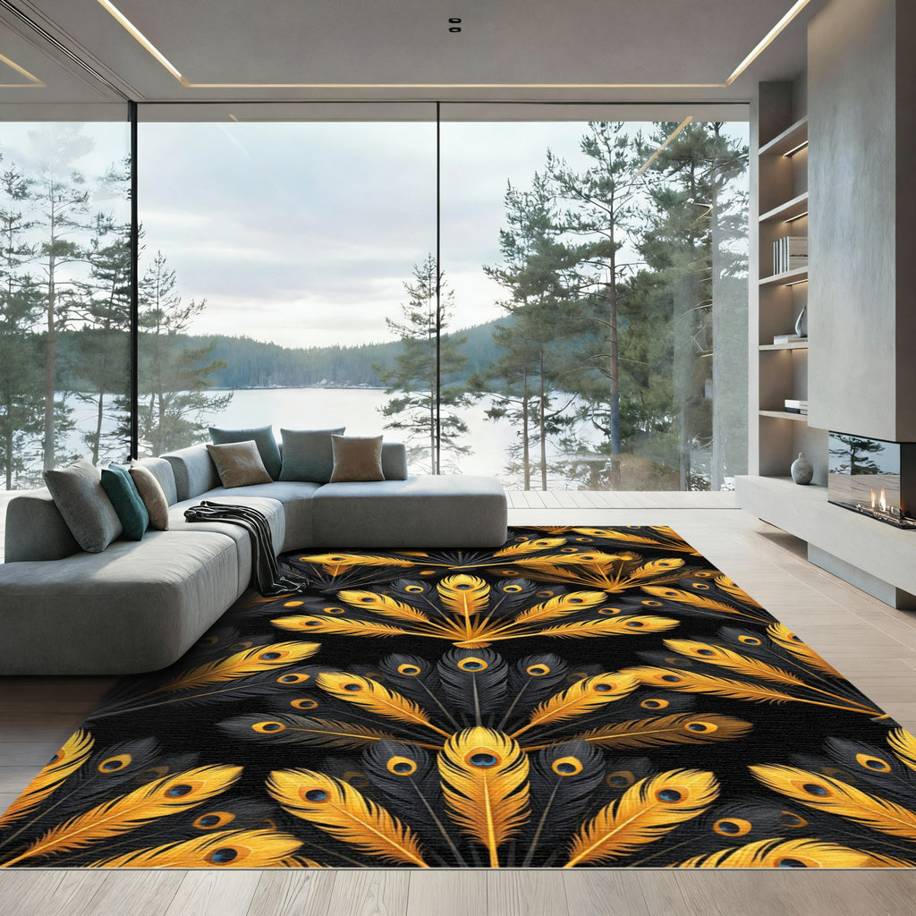 Golden Peacock Plume Fan Art Deco Rug