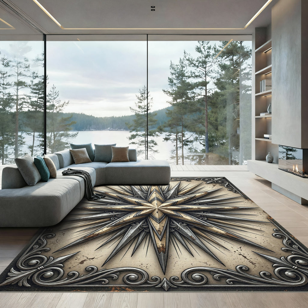 Aged Golden Starburst Compass Rose Rug
