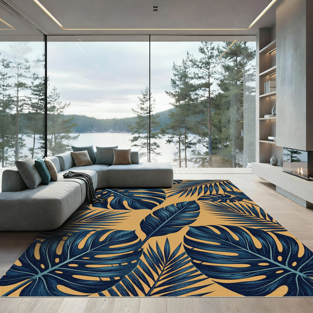Lush Navy Tropical Foliage Amber Background Rug