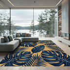 Lush Navy Tropical Foliage Amber Background Rug
