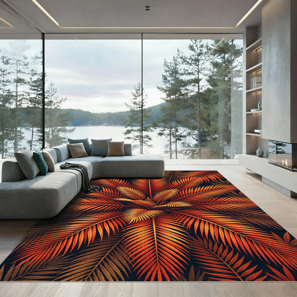 Fiery Orange Palm Leaf Arrangement Rug