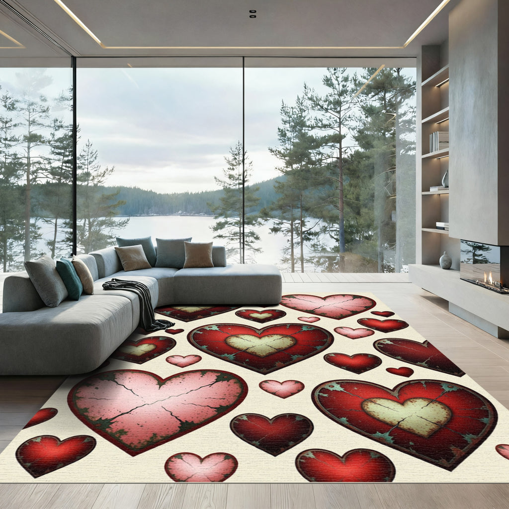 Distressed Crimson Cracked Heart Collage Rug
