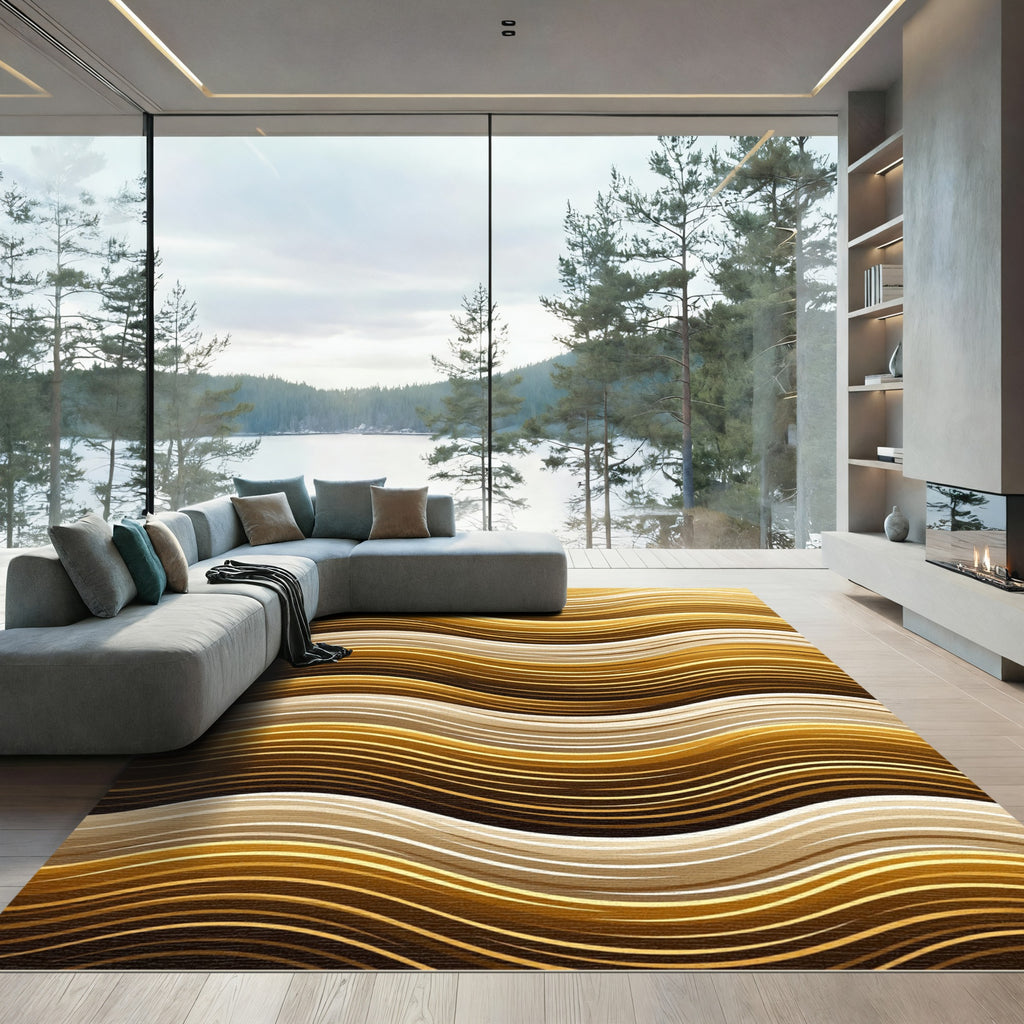Golden Wavy Abstract Fluid Lines Rug