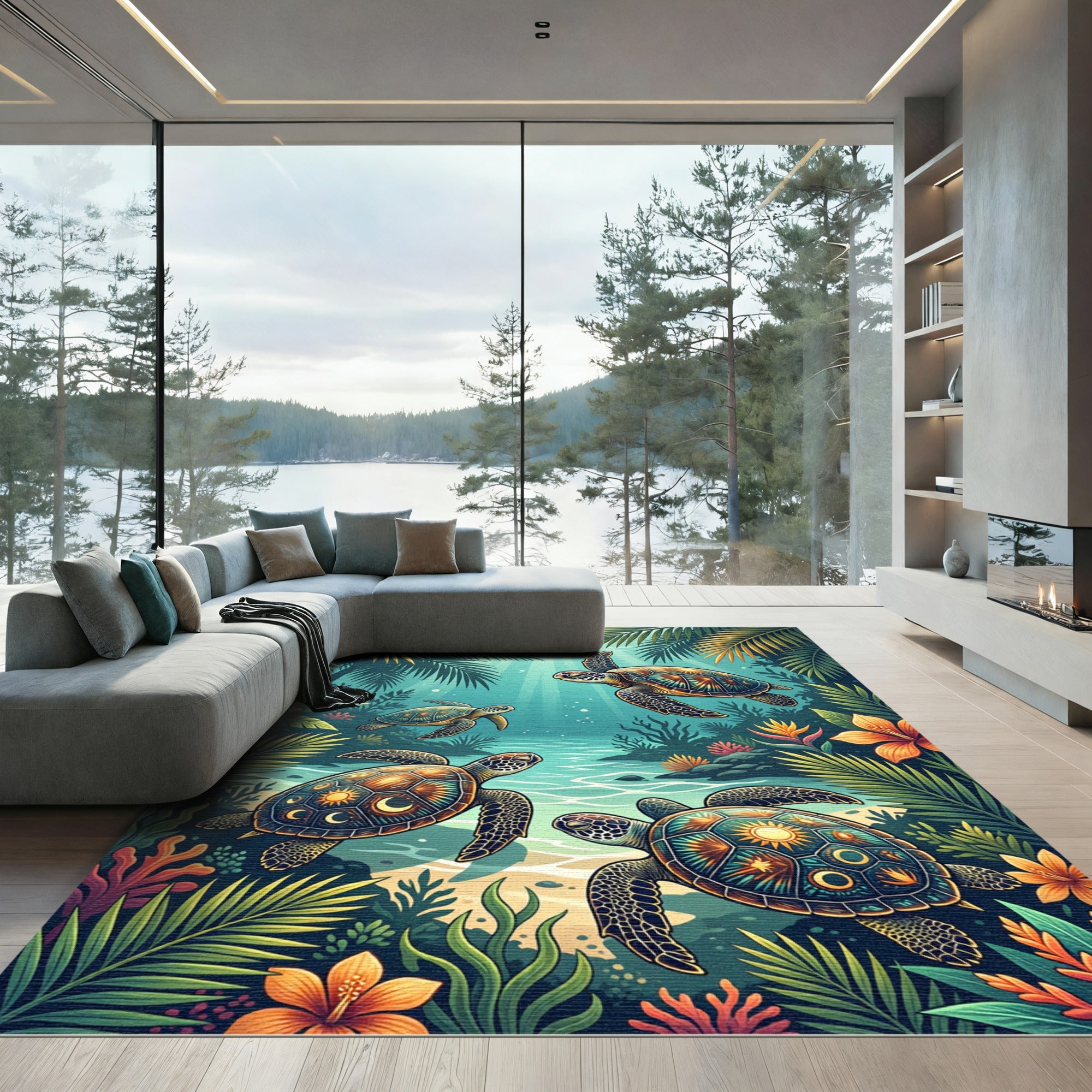 Tropical Sea Turtle Sun Moon Ocean Rug