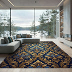 Royal Blue Gold Damask Ornate Scroll Rug