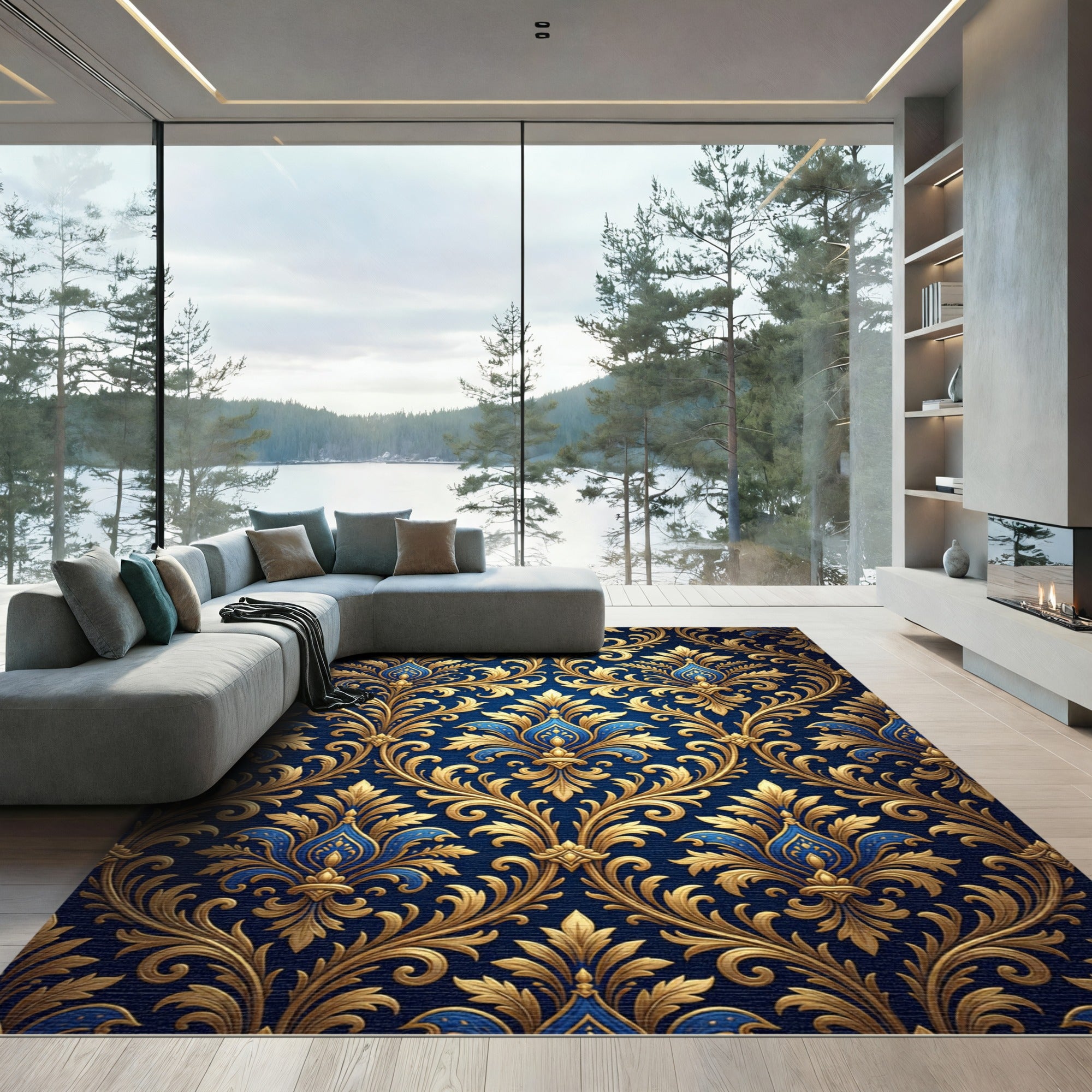 Royal Blue Gold Damask Ornate Scroll Rug
