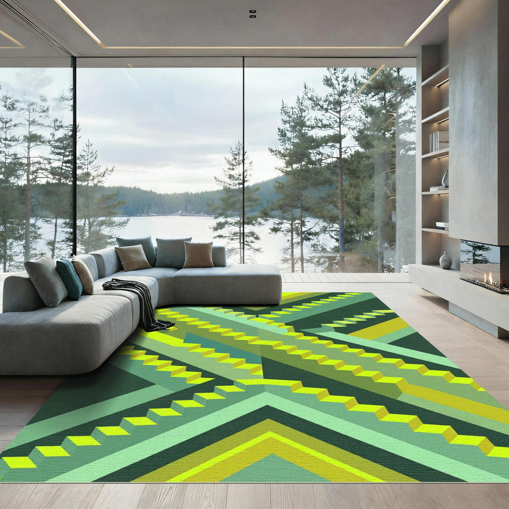 Neon Geometric Staircase Abstract Art Rug