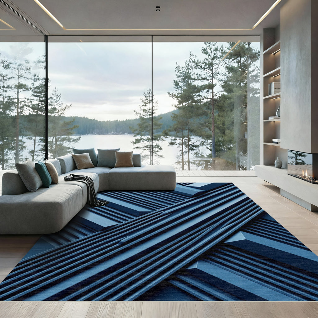 Modern Deep Blue Intersecting Linear Texture Rug