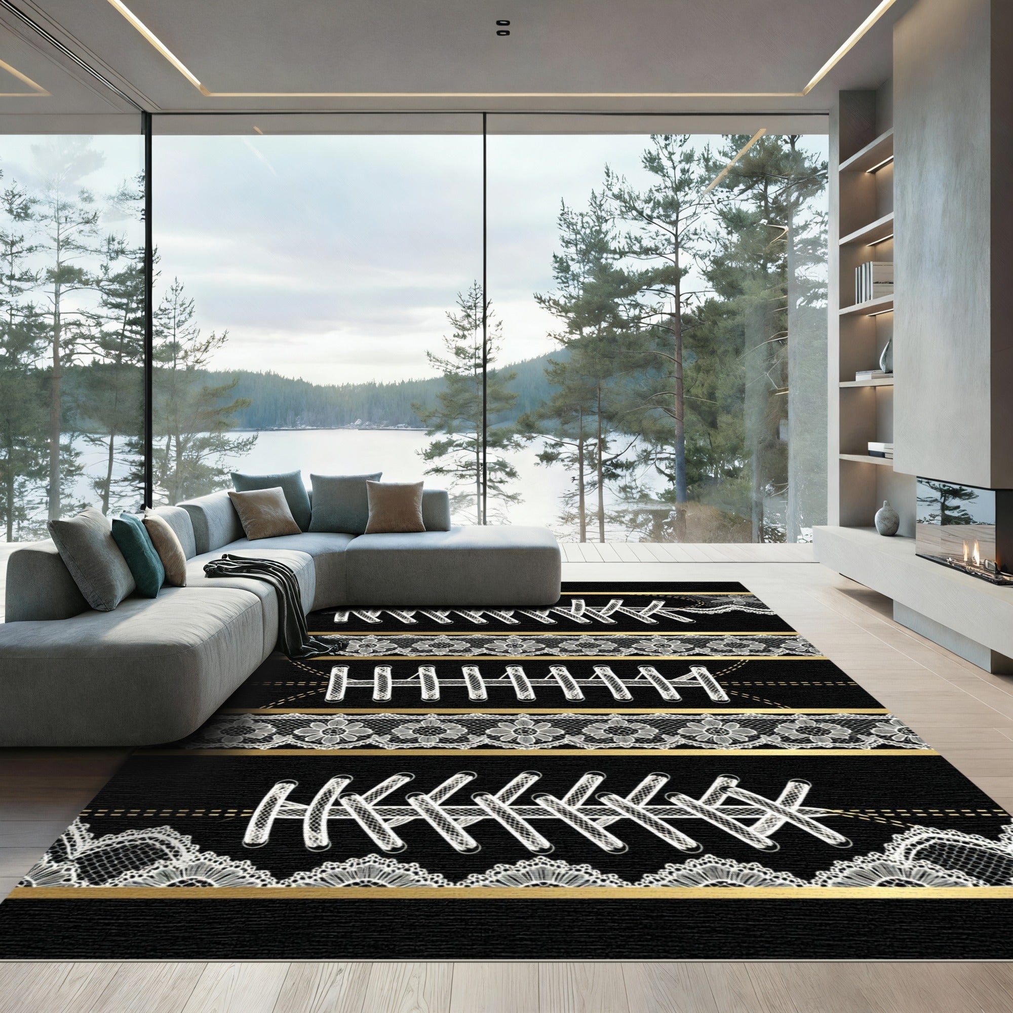 Black Lace and Gold Ribbon Aesthetic Rug