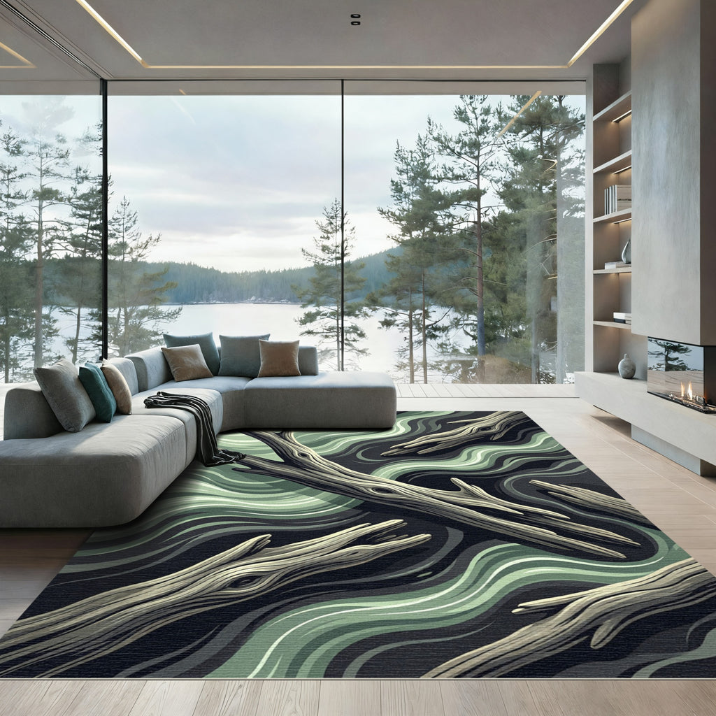 Earthy Sage Driftwood Abstract Wave Rug
