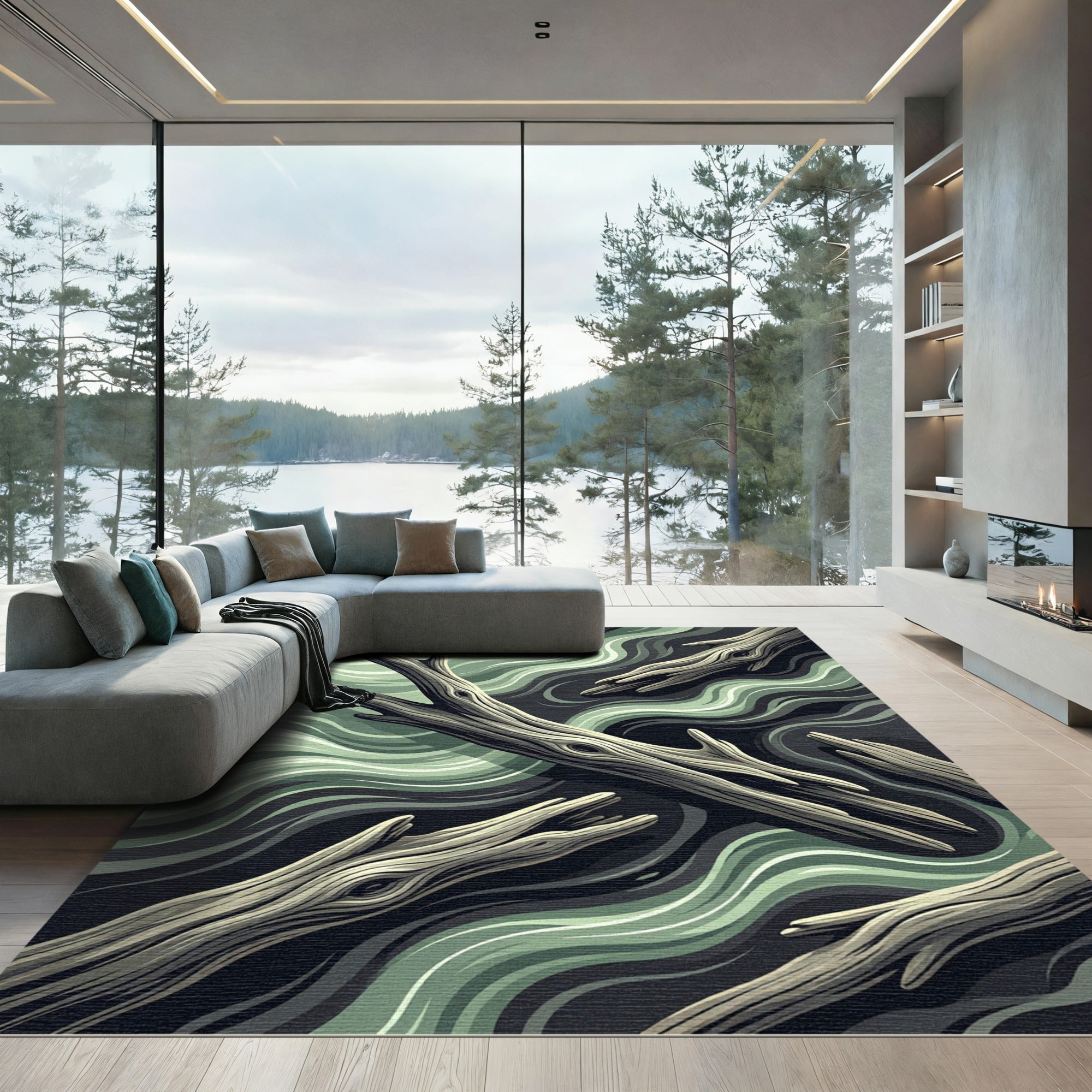 Earthy Sage Driftwood Abstract Wave Rug