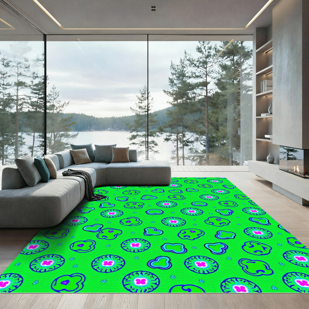 Vibrant Pink Flower Blue Outline Rug